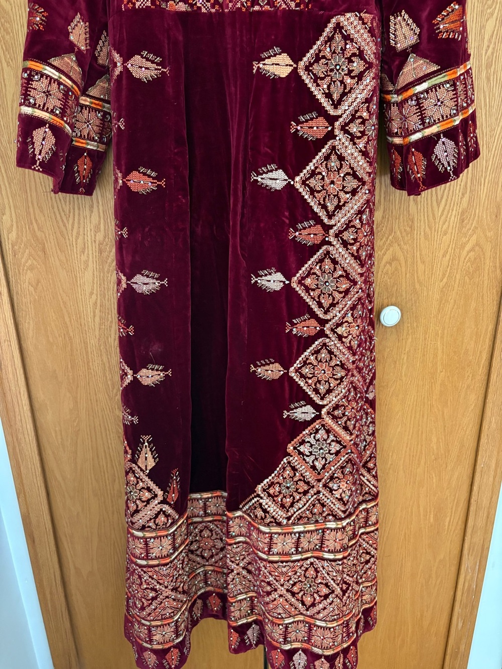 Embroidered Velvet Maxi Dress in Deep Burgundy